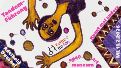 Das Bild zeigte eine Grafik mit einem Bild der Künstlerin Duvanel. Eine Frau, gezeichnet mit Filzstift, hat die Arme erhoben und scheint  kopfüber zu schweben. Oder zu fallen. Die verwendeten Farben sind  hauptsächlich violett und verschiedene Töne von braun. Rund um die Frau  stehen in pinker Farbe die Infos zur Veranstaltung geschrieben.